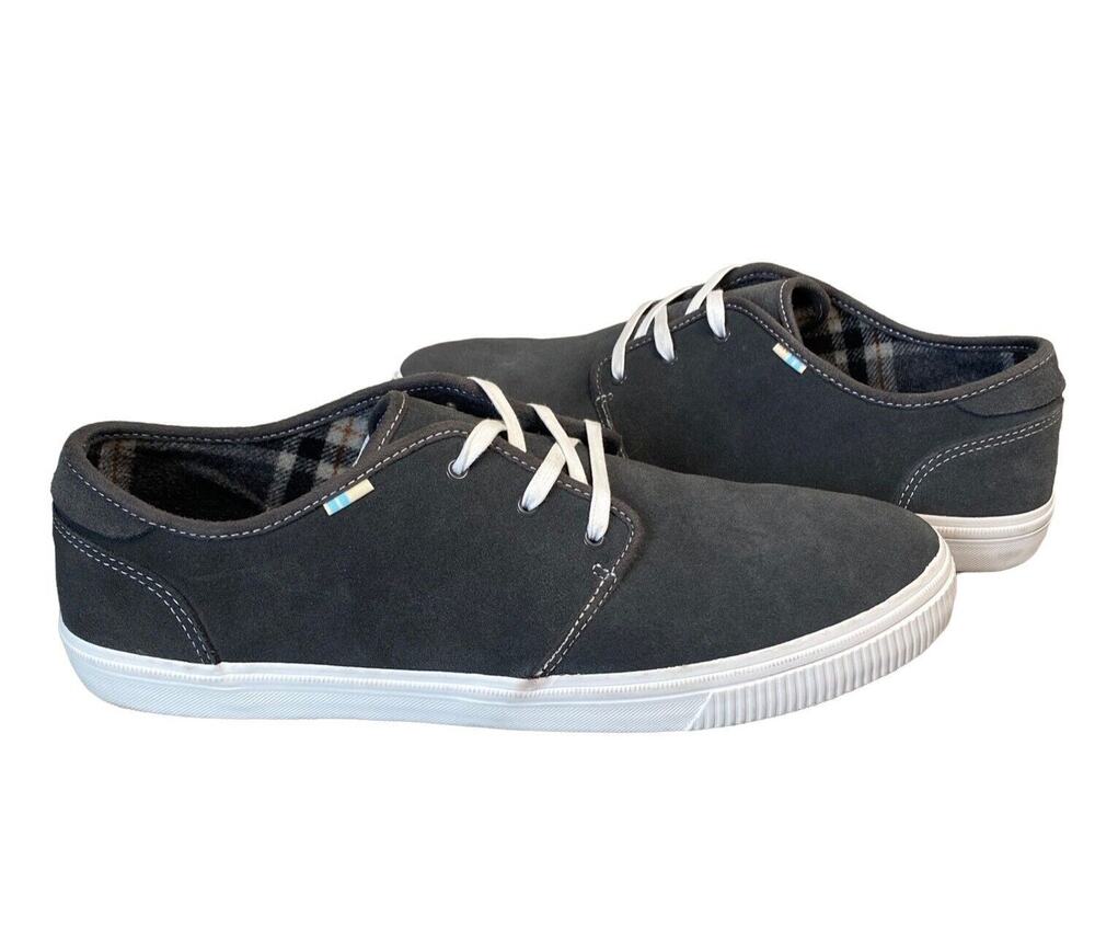Toms Carlo Sneaker Shoe Gray Suede Flannel Lined Low Top Lace Up Men Sz 11.5